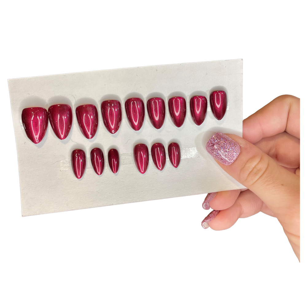 Red Shimmer Polished & Glazed Nails | Short Almond Press On Nails | Winter Mani